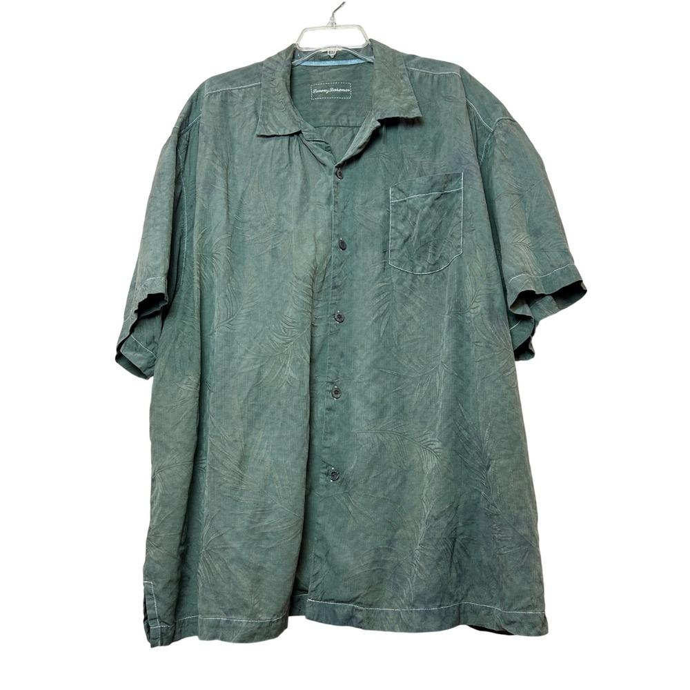 Tommy Bahama Shirt Mens XXL Green Upcycled Hand Dyed Silk Grunge Tropical Leaf
